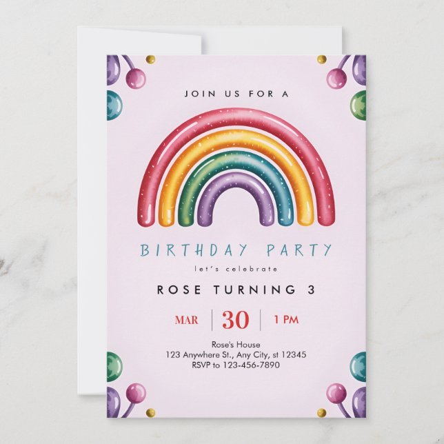 Invitación de cumpleaños arcoíris para niños color (Anverso)