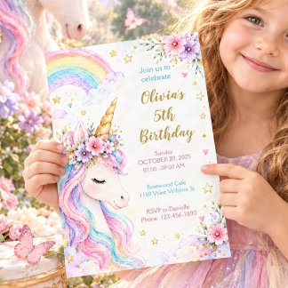 Invitación de cumpleaños arcoíris pastel de unicor