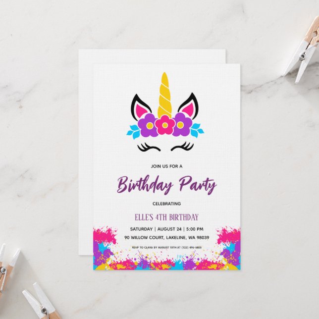 invitación de cumpleaños arcoíris unicornio acuare (Anverso/Reverso In Situ)