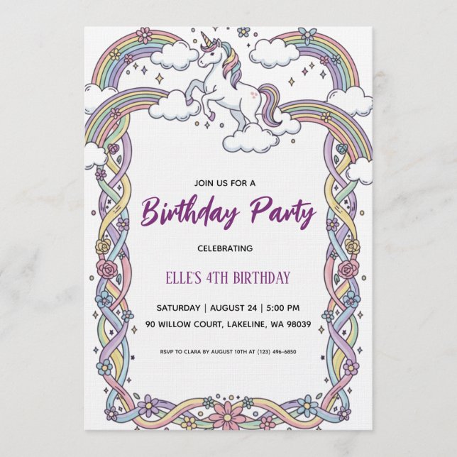 invitación de cumpleaños arcoíris unicornio acuare (Anverso)