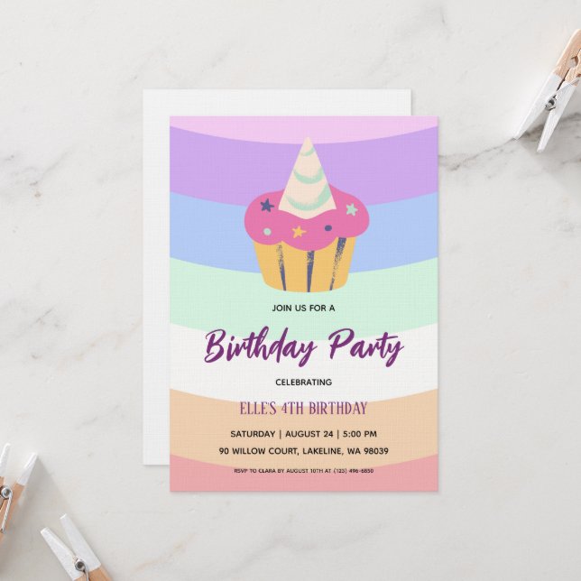 invitación de cumpleaños arcoíris unicornio acuare (Anverso/Reverso In Situ)