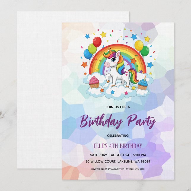invitación de cumpleaños arcoíris unicornio acuare (Anverso / Reverso)