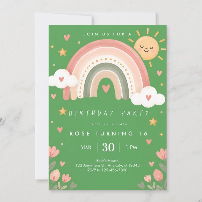 Invitación de cumpleaños Arcoíris Verde (Anverso)