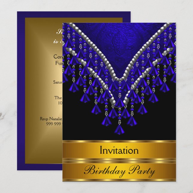 Invitación de cumpleaños Art Deco azul real (Anverso / Reverso)