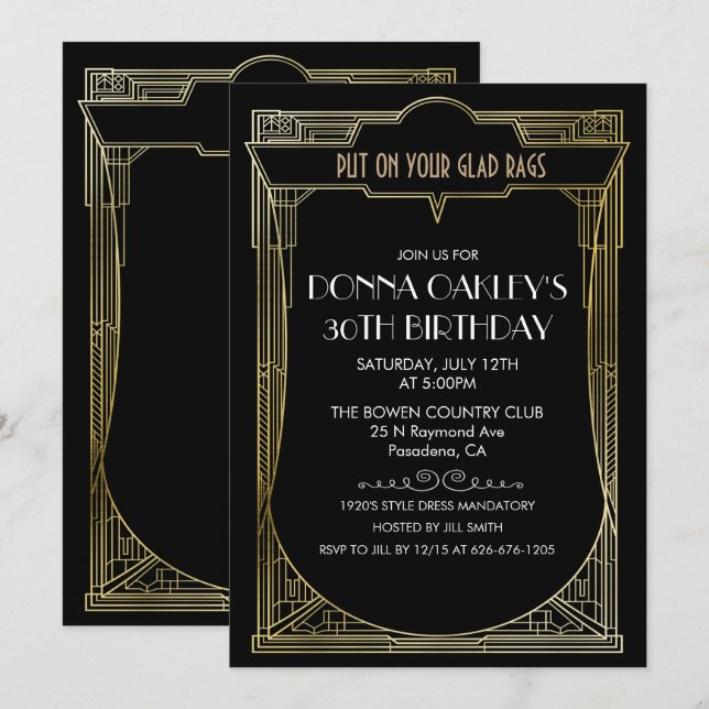 Invitación de cumpleaños Art Deco Gran Gatsby para (Anverso / Reverso)