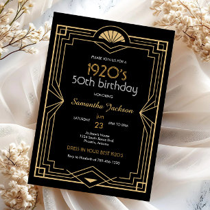 Invitación de cumpleaños Art Deco negro y dorado d