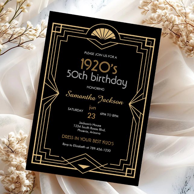 Invitación de cumpleaños Art Deco negro y dorado d (Subido por el creador)