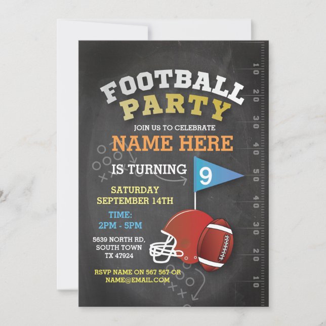 Invitación de cumpleaños azul a Fiesta de fútbol a (Anverso)