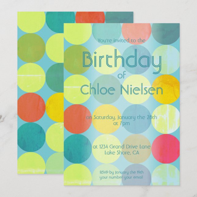 Invitación de cumpleaños azul cielo y círculos col (Anverso / Reverso)