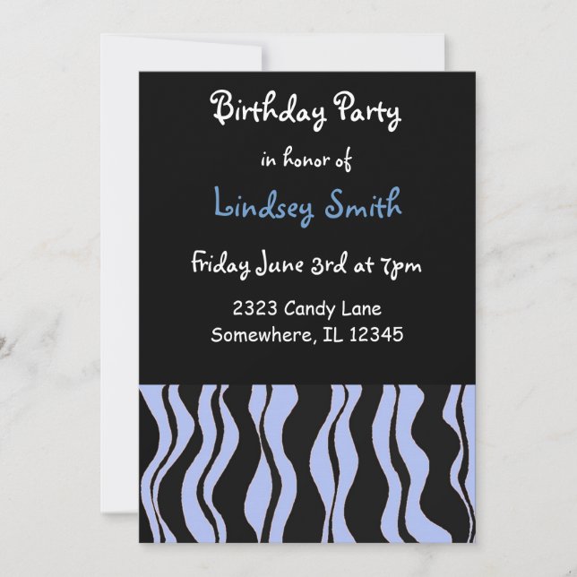 Invitación de cumpleaños azul claro y cebra negra (Anverso)