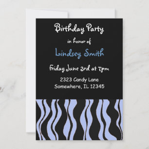 Invitación de cumpleaños azul claro y cebra negra