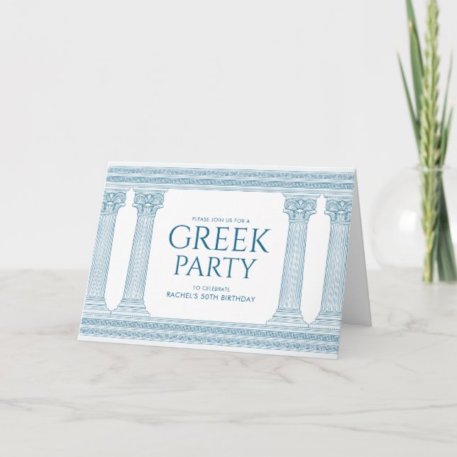 Invitación de cumpleaños azul con columnas griegas (Anverso)