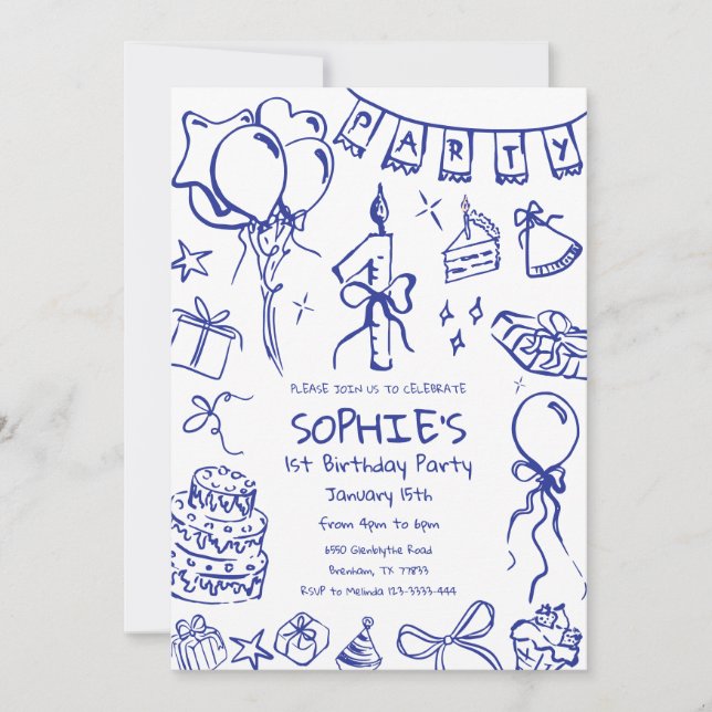 Invitación de cumpleaños azul, cumpleaños con mano (Anverso)