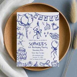 Invitación de cumpleaños azul, cumpleaños con mano