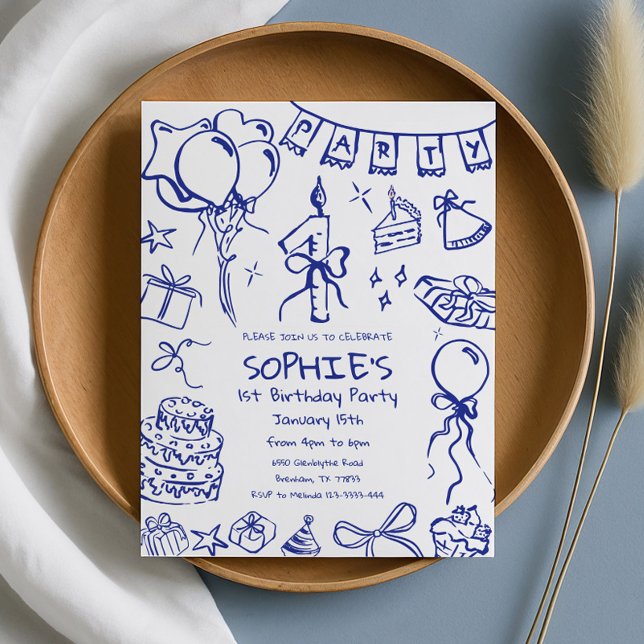 Invitación de cumpleaños azul, cumpleaños con mano (Subido por el creador)