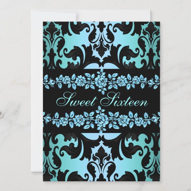 Invitación de cumpleaños azul damasco Rose Sweet16 (Anverso)