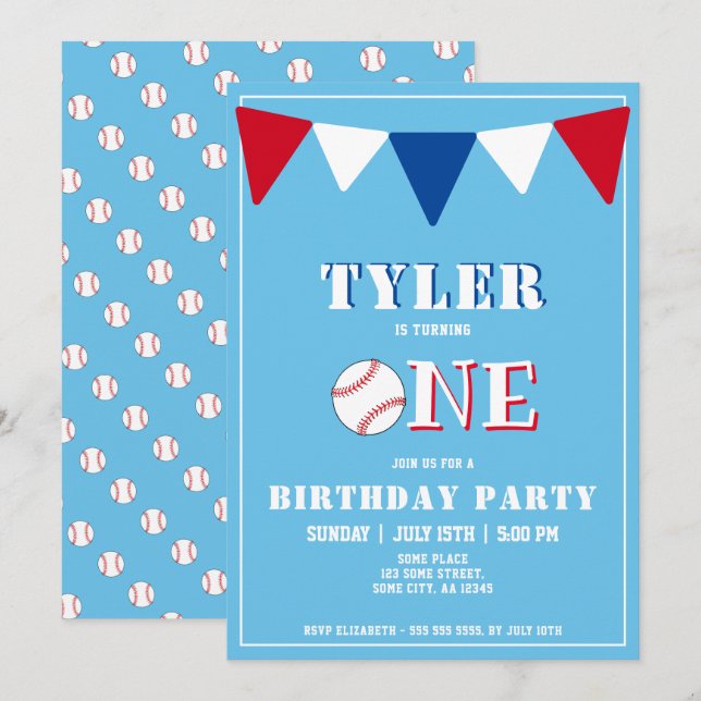 Invitación de cumpleaños azul de béisbol niño 1er  (Anverso / Reverso)