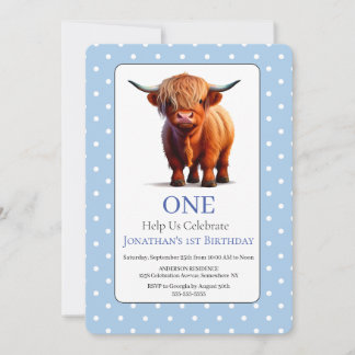 Invitación de cumpleaños azul de la 1.ª vaca Highl
