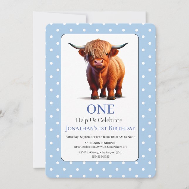 Invitación de cumpleaños azul de la 1.ª vaca Highl (Anverso)