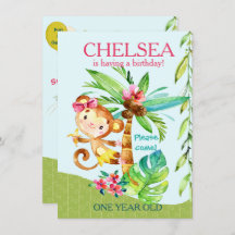 Invitación de cumpleaños azul de mono feliz Girly