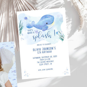 Invitación de cumpleaños azul de Watercolor Whale