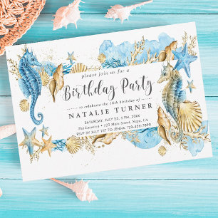 Invitación de cumpleaños azul dorado bajo el mar