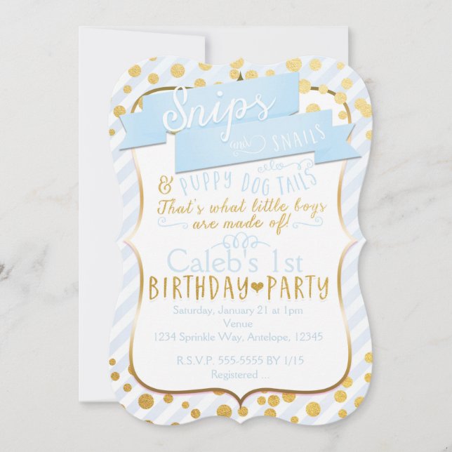 Invitación de cumpleaños azul dorado de Snips & Sn (Anverso)