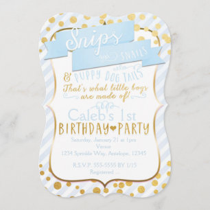Invitación de cumpleaños azul dorado de Snips & Sn