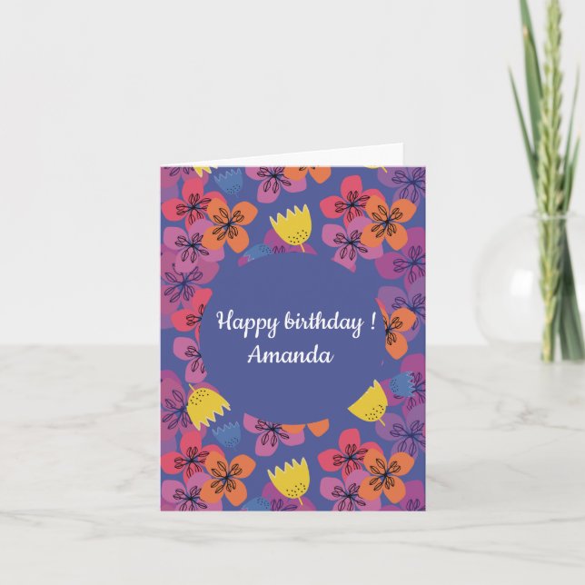 Invitación de cumpleaños azul floral personalizada (Anverso)