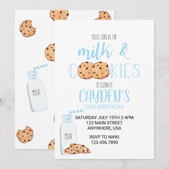 Invitación de cumpleaños azul leche y galletas par (Anverso / Reverso)