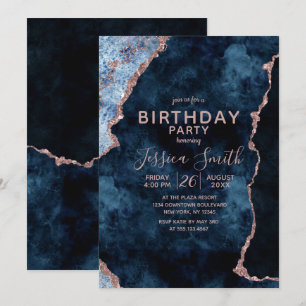 Invitación de cumpleaños azul marino y rosa oro