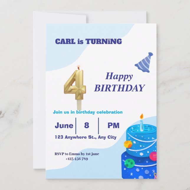 invitación de cumpleaños azul moderna y eligante (Anverso)