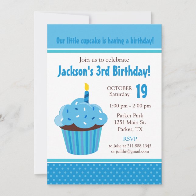Invitación de cumpleaños azul para pastelito (Anverso)