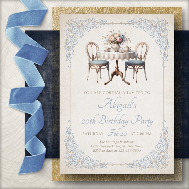 Invitación de cumpleaños azul para té de partido (Subido por el creador)