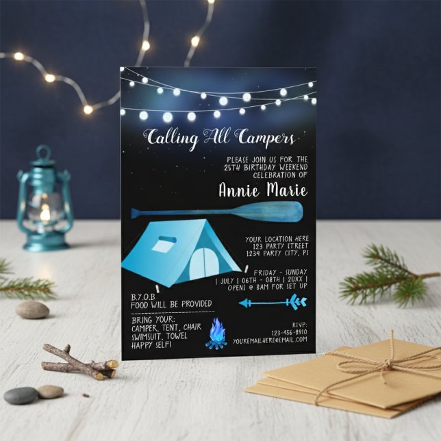 Invitación de cumpleaños azul para todos los campi (Calling All Campers Blue Birthday Invitation)