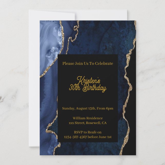 Invitación de cumpleaños azul personalizable (Anverso)