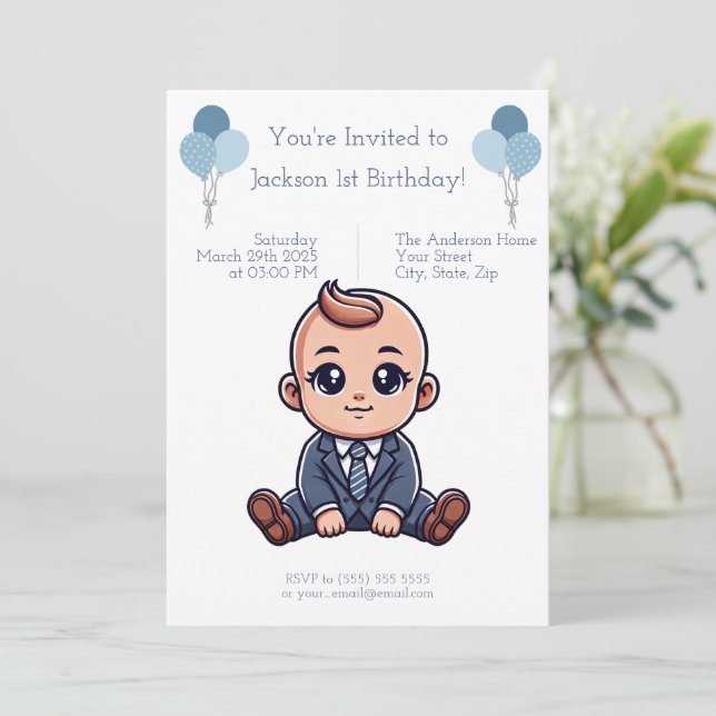 Invitación de cumpleaños azul personalizada para e (Anverso de pie)