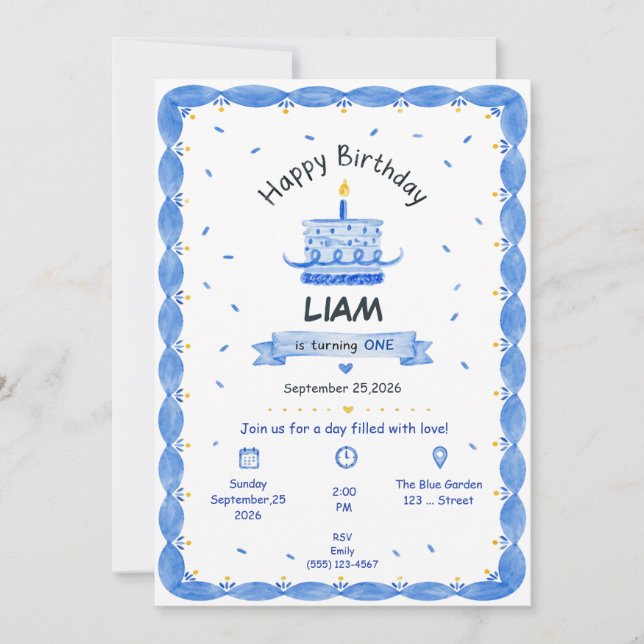 Invitación de cumpleaños azul personalizada para n (Anverso)