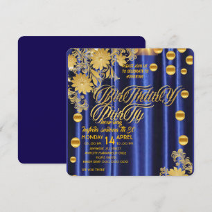 Invitación de cumpleaños azul real dorado para muj