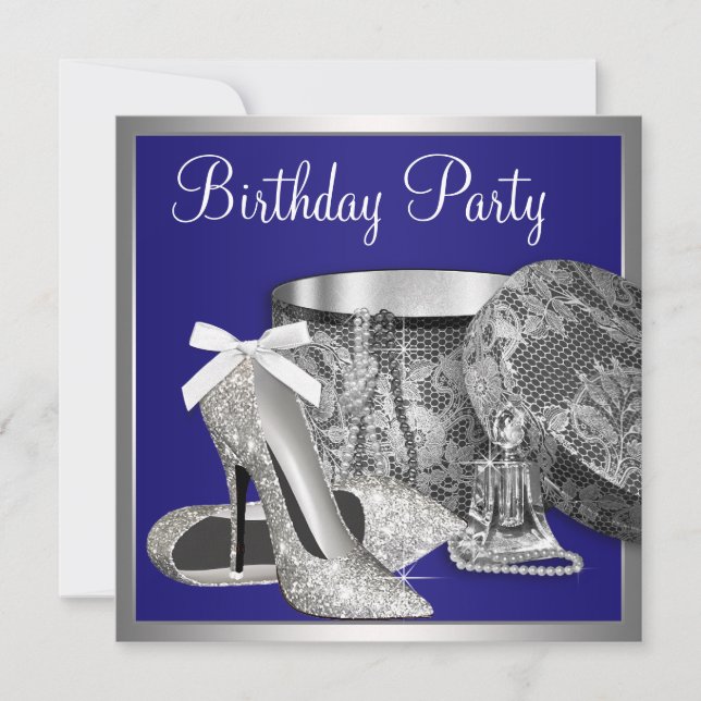 Invitación de cumpleaños azul real plateada para m (Anverso)