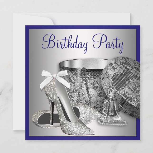 Invitación de cumpleaños azul real plateada para m (Anverso)