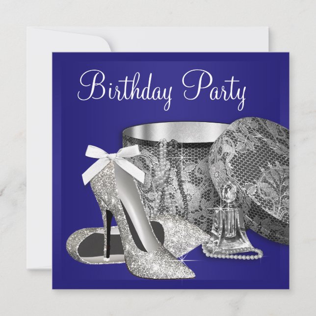 Invitación de cumpleaños azul real plateada para m (Anverso)