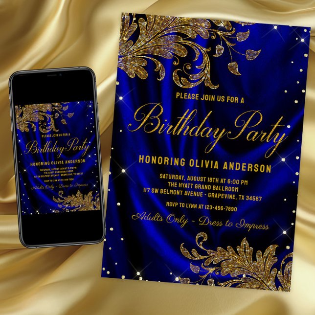 Invitación de cumpleaños azul real y dorado para m (Womans royal blue & gold any number birthday invitation. For instant download & printed invitations.)