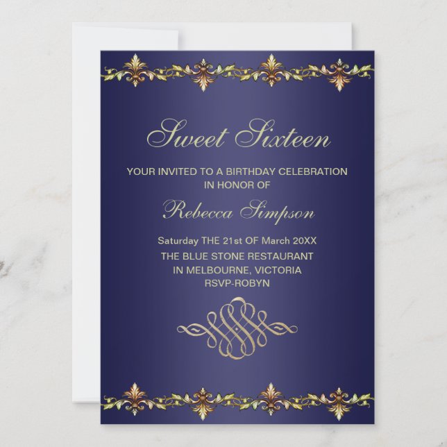 Invitación de cumpleaños azul real y hoja de oro (Anverso)