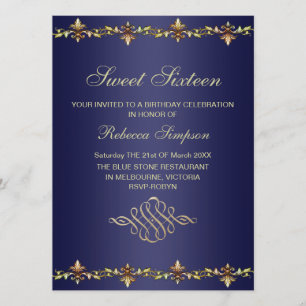 Invitación de cumpleaños azul real y hoja de oro