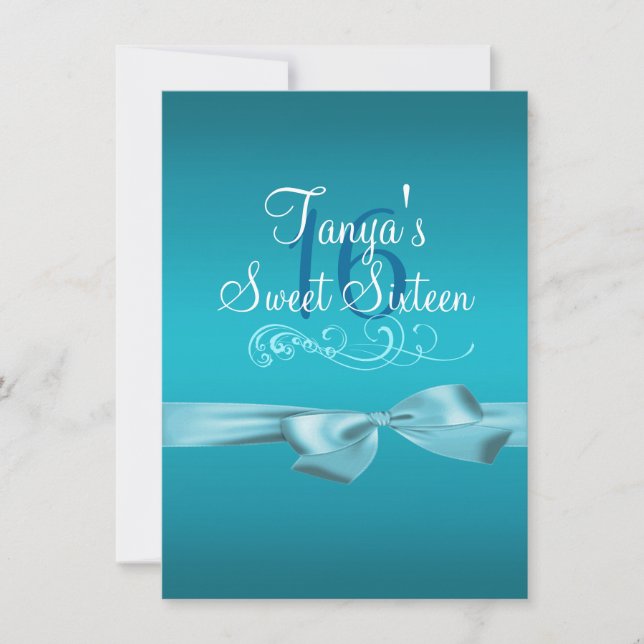 Invitación de cumpleaños azul Swirl & Bow (Anverso)