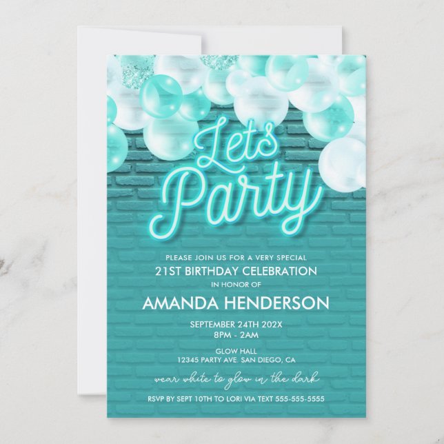Invitación de cumpleaños azul turquesa Let's Party (Anverso)