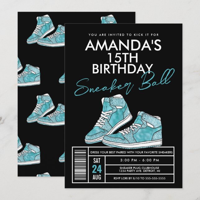 Invitación de cumpleaños azul verde para fiesta de (Anverso / Reverso)