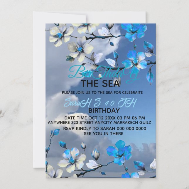 Invitación de cumpleaños azul y blanco al aire lib (Anverso)