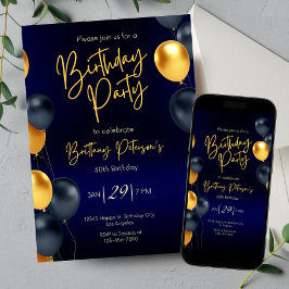 Invitación de cumpleaños azul y oro editable para 